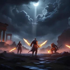 ilustrasi game dark fantasy open world dengan latar dunia gelap dan karakter epik