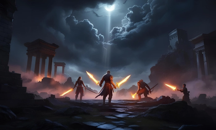 ilustrasi game dark fantasy open world dengan latar dunia gelap dan karakter epik